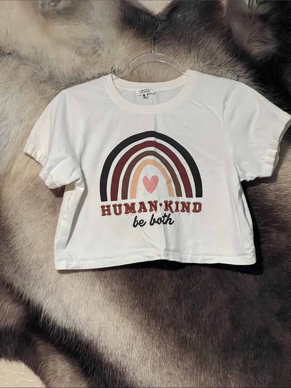 White Cropped Tee with Rainbow "Human Kind" Graphic